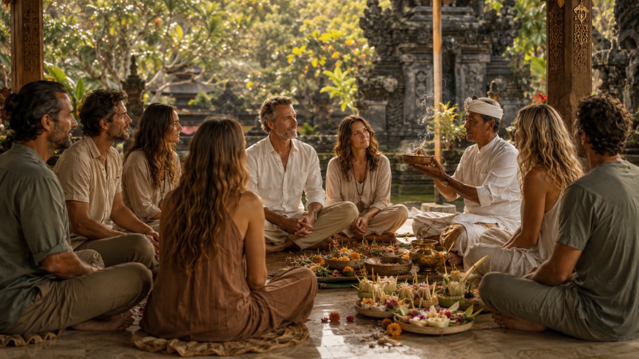 Illustration of a sharing circle during a Balinese ceremony